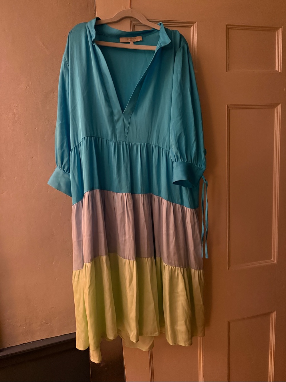 Colorblock Tiered Midi Dress in Turquoise, Light Blue & Lime